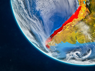 Chile on planet Earth from space with country borders. Very fine detail of planet surface and clouds.