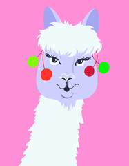 Fototapeta premium portrait of funny llama in flat style, alpaca head on pink backg