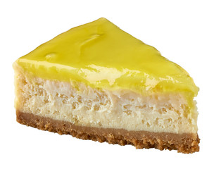 Slice of cheese cake with lemon in porcelain plate isolated on white background. including clipping path