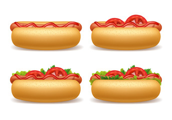 Realistic 3d Detailed Hot Dogs Different Set. Vector