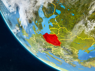 Poland on planet Earth from space with country borders. Very fine detail of planet surface and clouds.