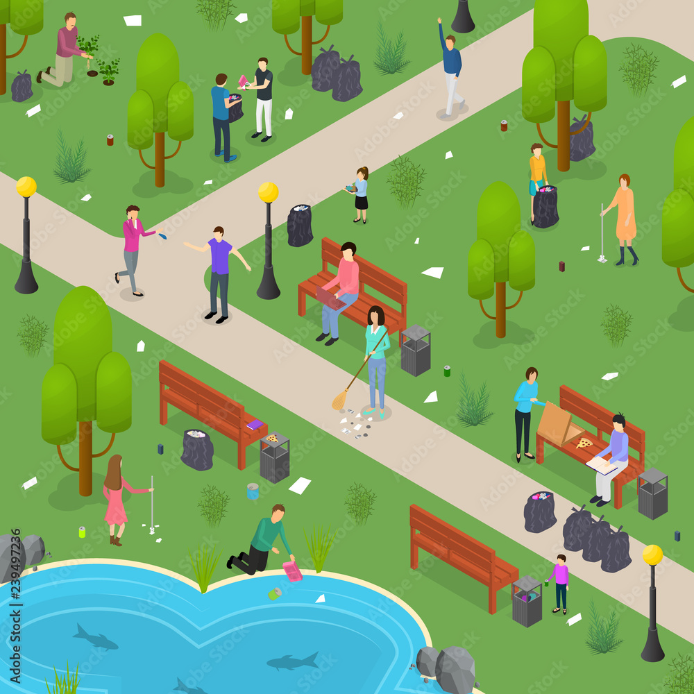 Wall mural People Sorting Waste Rubbish Card Poster Concept 3d Isometric View. Vector