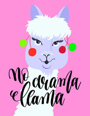 no drama llama hand lettering poster with alpaca portrait