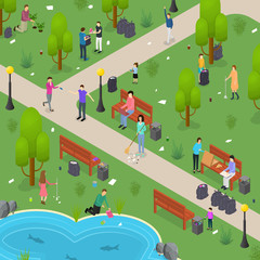 People Sorting Waste Rubbish Card Poster Concept 3d Isometric View. Vector