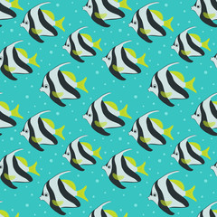 Seamless pattern with aquarium fish. Vector illustration on a turquoise background.
