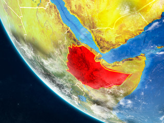 Ethiopia on planet Earth from space with country borders. Very fine detail of planet surface and clouds.