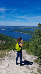Fototapeta premium Zhigulevsky State Natural Biosphere Reserve named after I. I.Sprygin, village Zolnoe, Samara Region, Russia. August 12, 2017. View of the Volga River from Mount Strelna at sunset. Height 351 meters