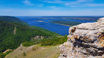 Zhigulevsky State Natural Biosphere Reserve named after I. I.Sprygin, village Zolnoe, Samara Region, Russia. August 12, 2017. View of the Volga River from Mount Strelna at sunset. Height 351 meters