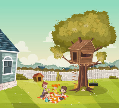 Cartoon Family Having Picnic On The Backyard Of A Colorful House In Suburb Neighborhood. Tree House On The Backyard.