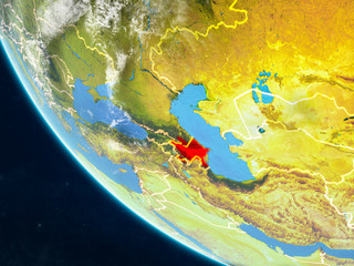 Azerbaijan on planet Earth from space with country borders. Very fine detail of planet surface and clouds.
