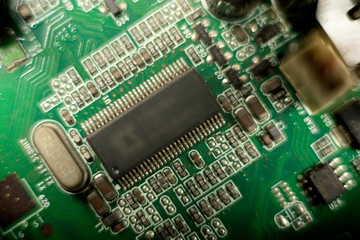 Close-up of electronic chip in desktop computer motherboard circuit.