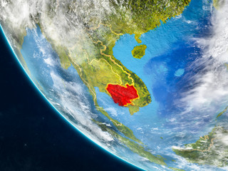 Cambodia on planet Earth from space with country borders. Very fine detail of planet surface and clouds.