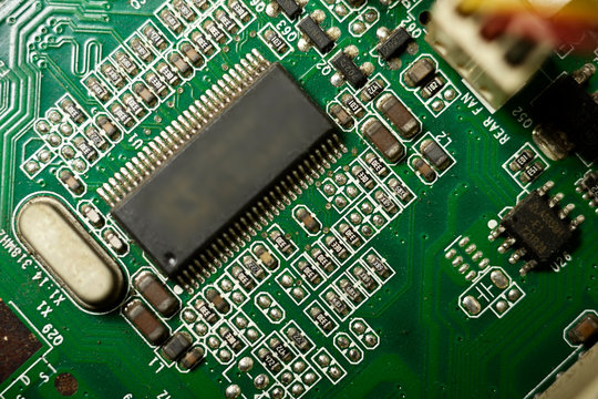 Close-up of electronic chip in desktop computer motherboard circuit.