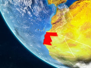 Western Sahara on planet Earth from space with country borders. Very fine detail of planet surface and clouds.