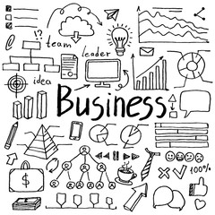 Set of hand drawn doodle business icons. Collection of design elements