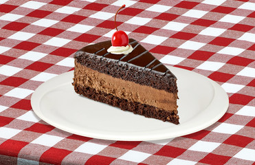 Chocolate or devils cake slice in plate on table