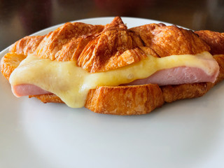 Croissant ham cheese on white dish
