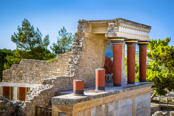 The North Entrance of the Palace with charging bull fresco in Knossos at Crete
