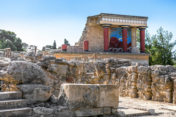 The North Entrance of the Palace with charging bull fresco in Knossos at Crete