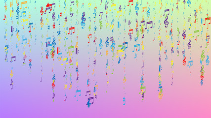 Disco Background. Many Random Falling Notes, Bass and, G Clef. Colorful Musical Notes Symbol Falling on Hologram Background. Disco Vector Template with Musical Symbols.