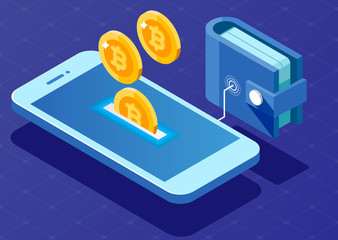 Concept of mobile payments. Wallet connected with mobile phone. Eaing money to your e-wallet