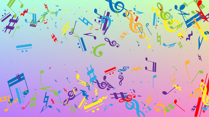 Disco Background. Many Random Falling Notes, Bass and, G Clef. Colorful Musical Notes Symbol Falling on Hologram Background. Disco Vector Template with Musical Symbols.
