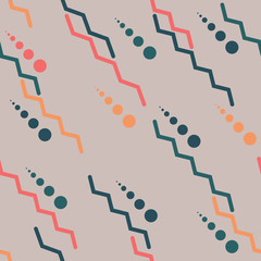 Seamless geometric pattern. Zig-zag lines and circles of different sizes. Simple shapes, multicolored.