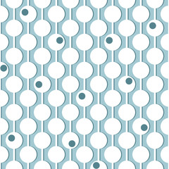 Circles on vertical guide lines. Seamless geometric pattern. White on blue.