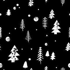 Winter vector seamless pattern. Christmas black abstract background. Forest grunge texture.