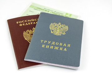 Russian documents. Work book, employment record, a document to record work experience. Russian national passport. Certificate of pension insurance. On white background.