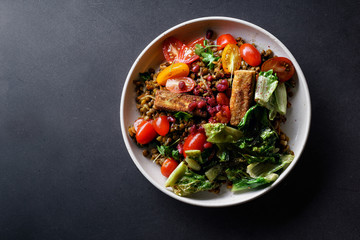 Vegetarian lentil salad with fried cheese, greens and fresh vegeables