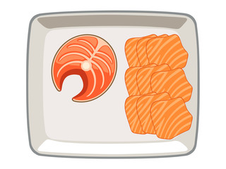 Salmon vector sliced ​​and sliced ​​in a plate on a white background.