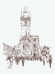 digital drawing of a historical tower in Prague, Czech Republic