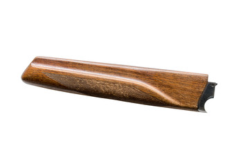 Wooden forearm of hunting rifle with vertical arrangement of smooth trunks. isolated on white background