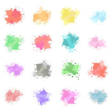Watercolor paint splash, ink, stain set. Vector colorful textures template isolated on a white background.
