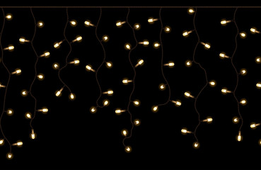 Светящаяся желтая праздничная светодиодная гирлянда на веревке, бесшовный векторный рисунок на темном фоне
