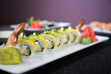 Japanese sushi set with ready to serve. Beautiful eastern style table decoration with sushi.