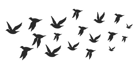Fototapeta na wymiar Flock of doves or pigeons black silhouette in flying. Vector flat illustration of bird migration isolated on white background.