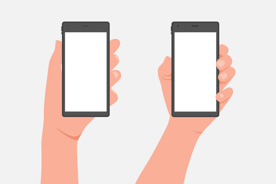 Male and female hand holding mobile phone. Vector cartoon flat illustration isolated on a white background.