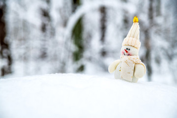 Cheerful snowman in a hat and scarf in a snowdrift.
