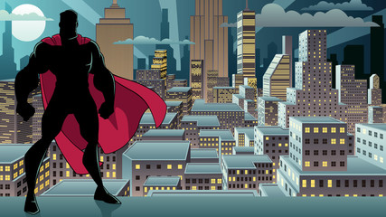 Silhouette of superhero standing tall on city background with copy space.