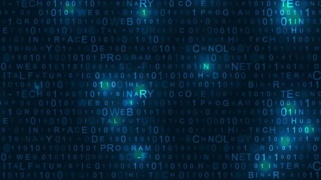 Glowing blue technology motion design with abstract binary system code and letters. Video seamless looping animation Ultra HD 4K 3840x2160