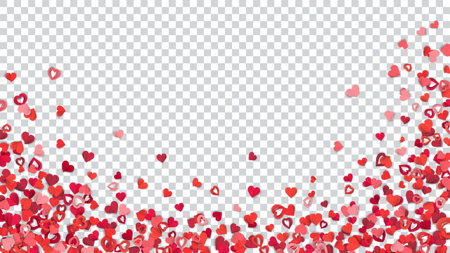 Many small red and pink paper hearts on transparent background, located at the bottom.