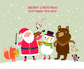 Christmas Poster with Santa and cute characters