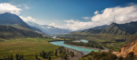 panorama of the summer landscape in the mountains. The valley of the mountain river Katun...