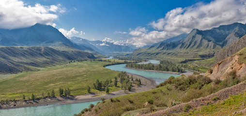 panorama of the summer landscape in the mountains. The valley of the mountain river Katun...