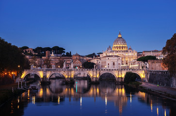 Tiber and St Peter Basilica in Vatican, sunrise time