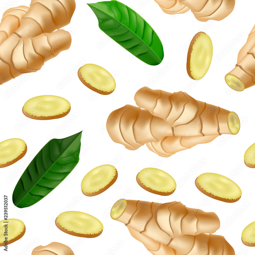 Poster realistic detailed 3d whole ginger root and slices seamless pattern background. vector