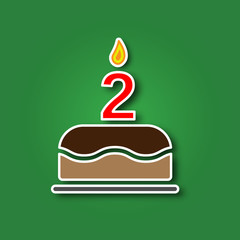 Birthday cake with a candle in the form of a number 2, in the form of a sticker with a shadow icon. Happy Birthday concept symbol design. Stock - Vector illustration can be used for web.