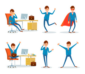 Man Hero with Cloak and Businessman Working Office